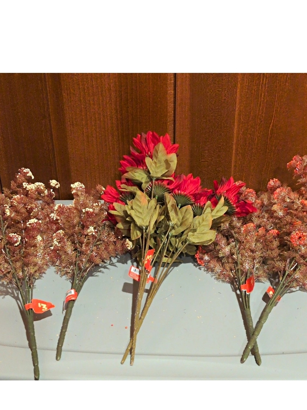 6 Artificial Plastic Flower Picks Bundle w/ Mixed Red Flowers & Berry Sprays